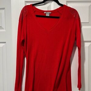 Michael Kors Red V-Neck Blouse with Embellished Shoulders